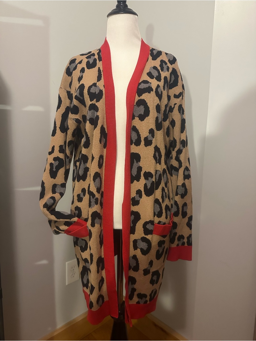 New York & Company Leopard Print Cardigan with Red Trim